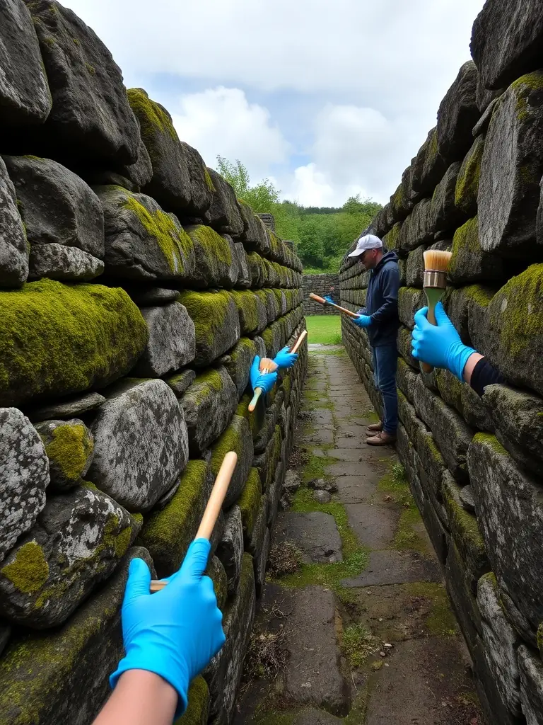 A photograph capturing a group of volunteers cleaning and restoring an old stone wall, showcasing the hands-on effort involved in preserving Bénerville's historical structures.