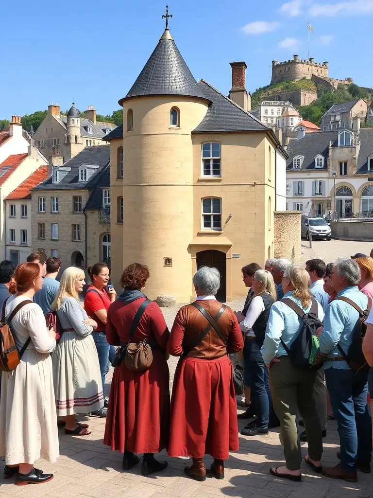 A vibrant image of a guided tour through Bénerville, with participants listening attentively to the guide as they learn about the town's history and significant sites.