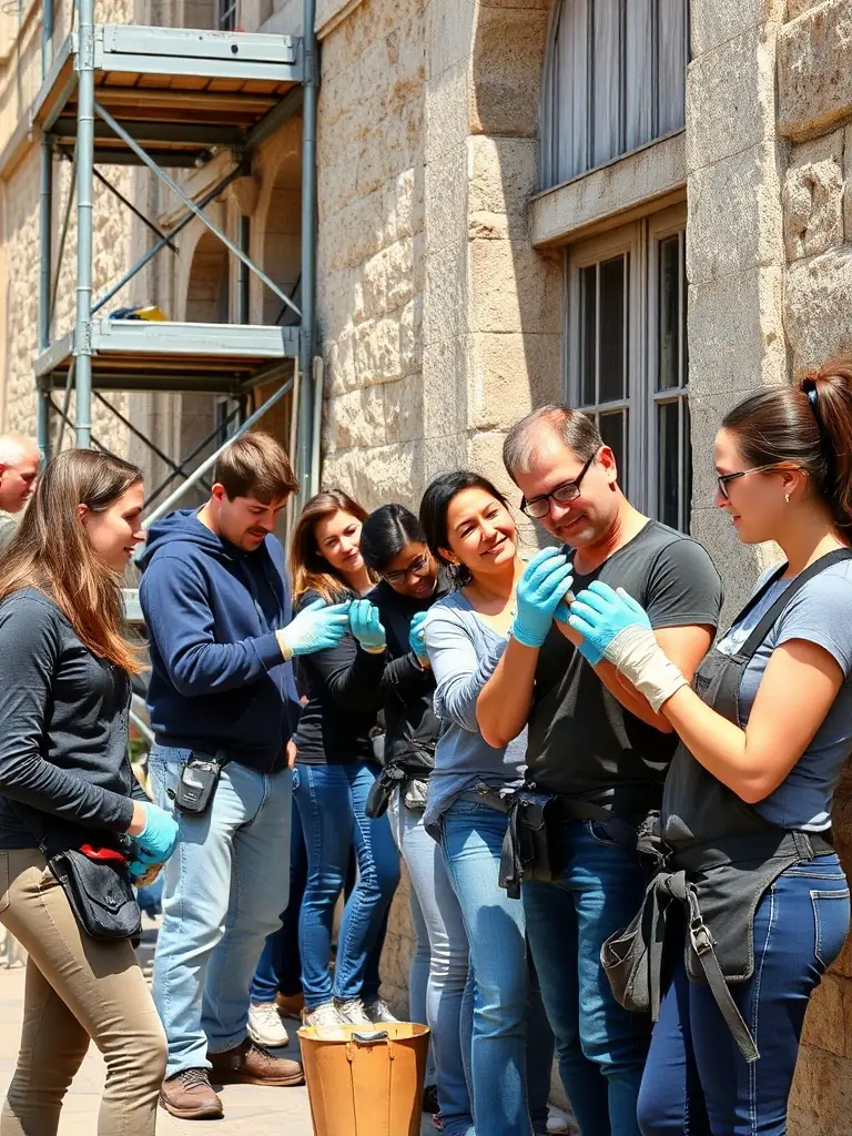 A photograph of volunteers working on the restoration of a historic building facade in Bénerville-sur-Mer, showcasing the meticulous work involved in preserving architectural heritage.